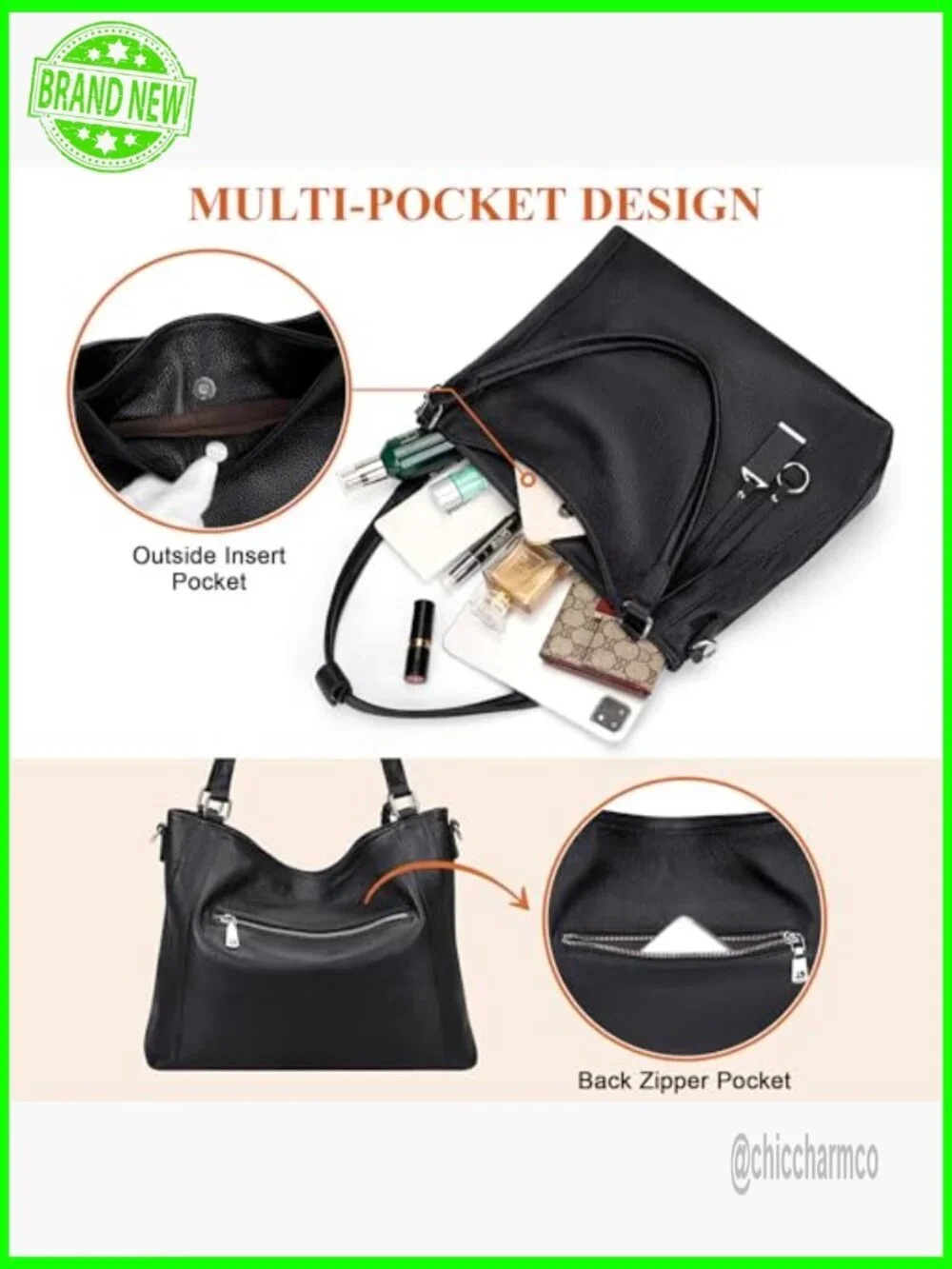 Large Genuine Leather Hobo Bag with Detachable Strap for Women